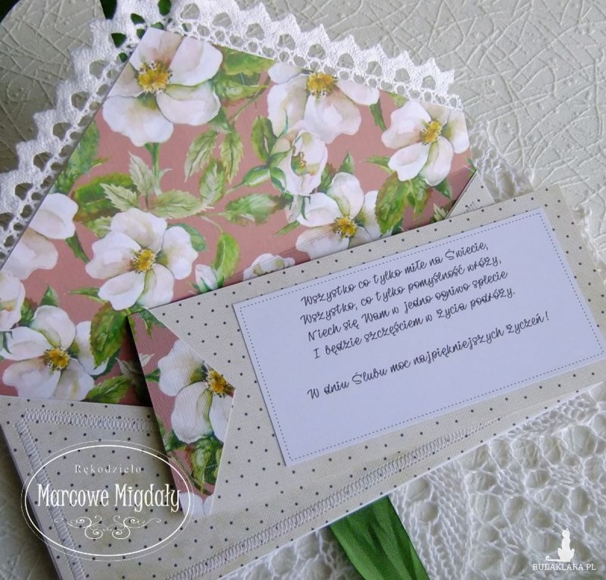 Kartka ślubna kopertówka z zielenią